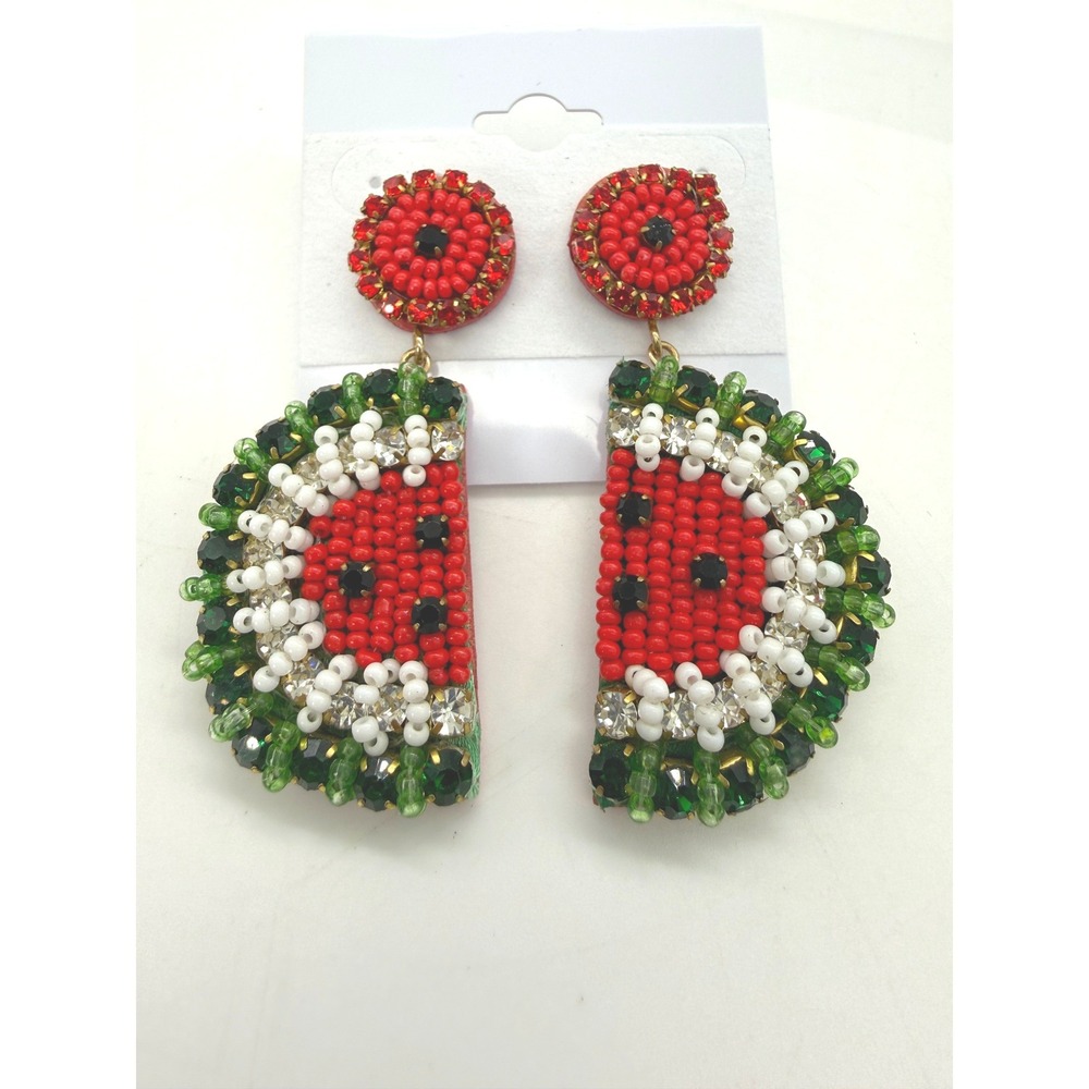 Watermelon Seed Bead Rhinestone Statement Drop Earrings Red Green Summer‎ Fruit